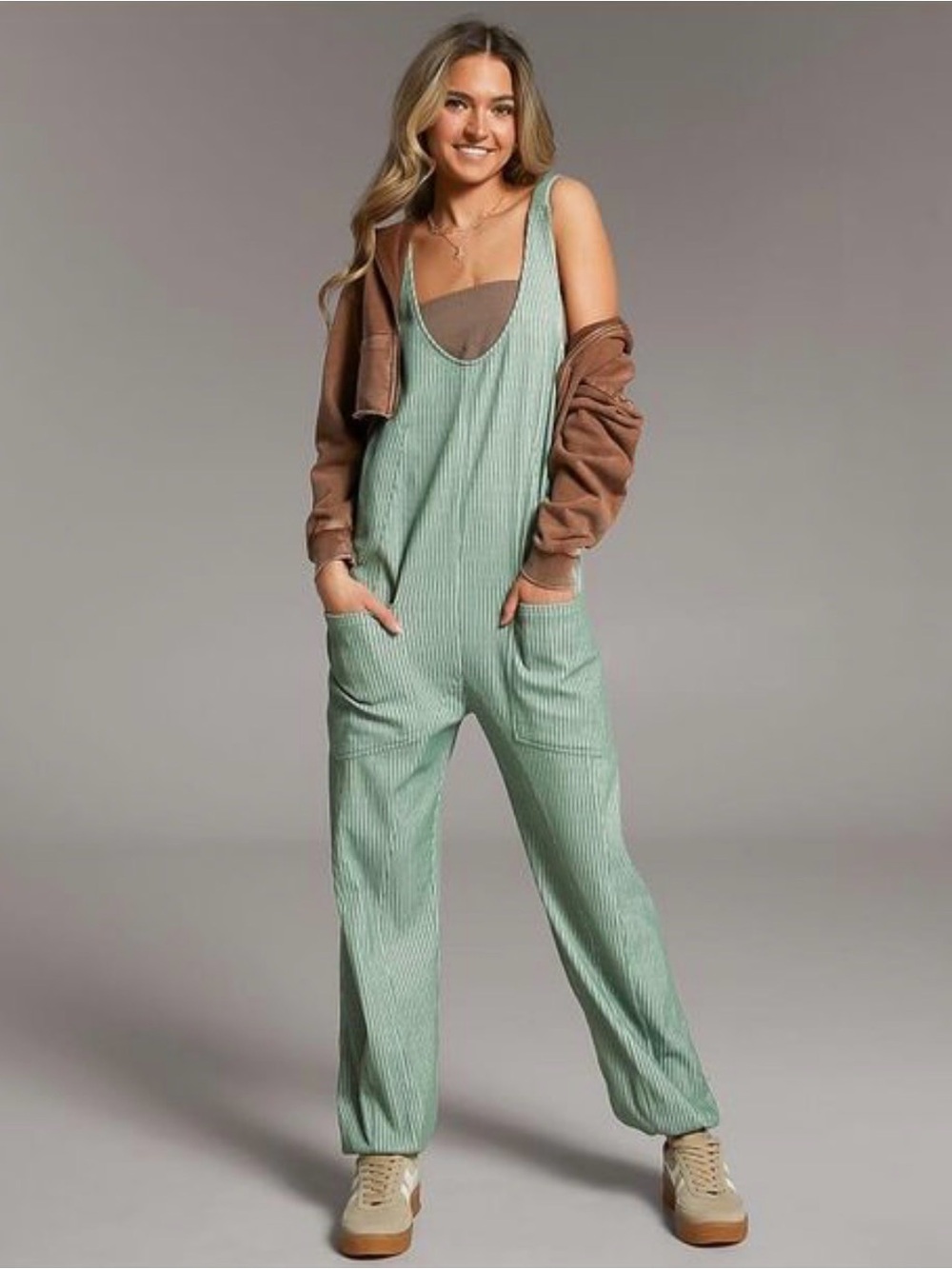 BKE Sage Ribbed Cotton Jumpsuit with Patch Pockets